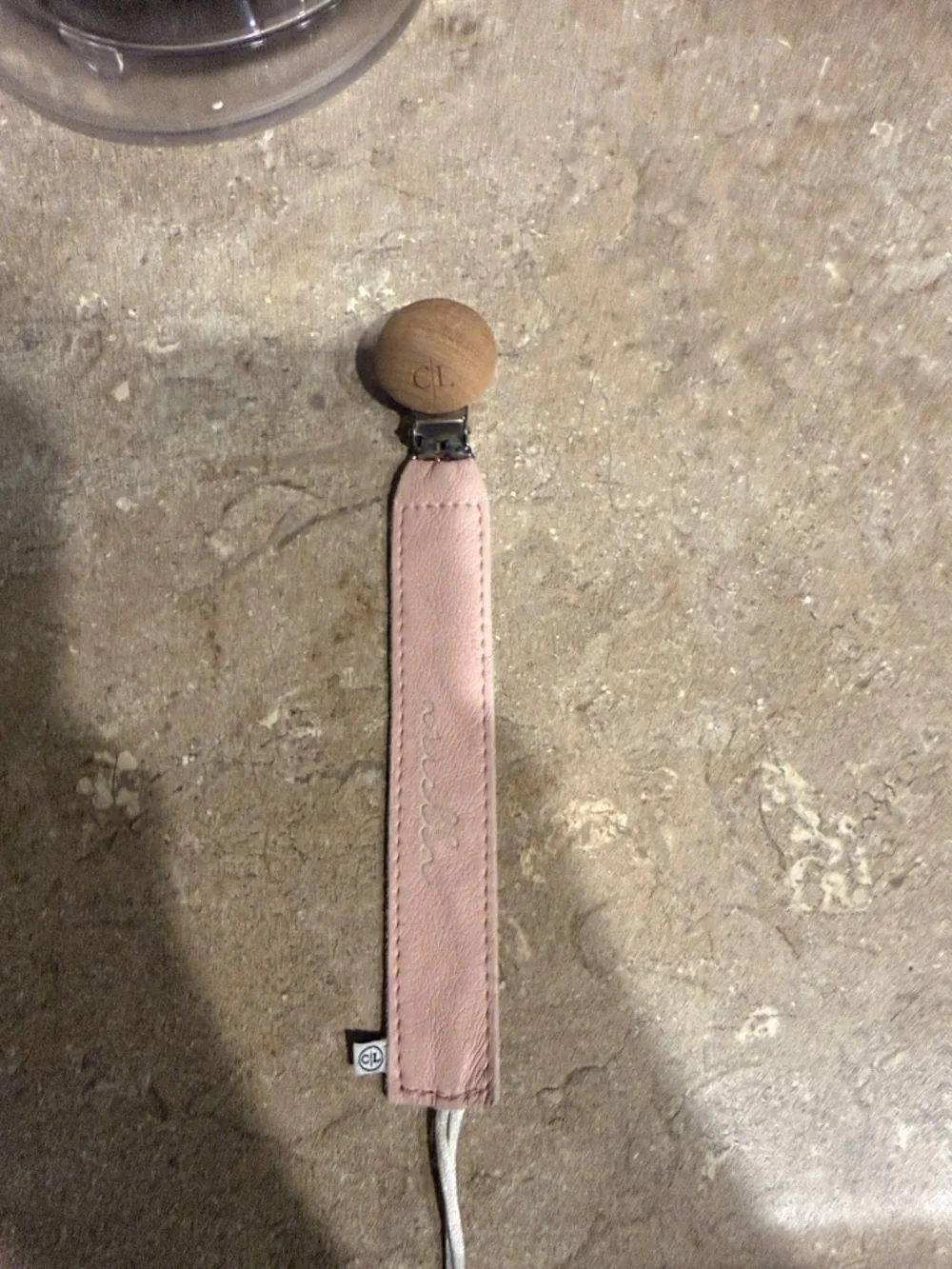 Caden Lane personalized Pink Leather Pacifier Clip with Wood Accent 